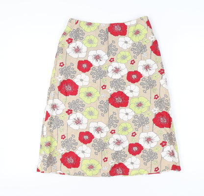 Laura Ashley Women’s Beige Floral A-Line Skirt Size 8 Linen Cotton