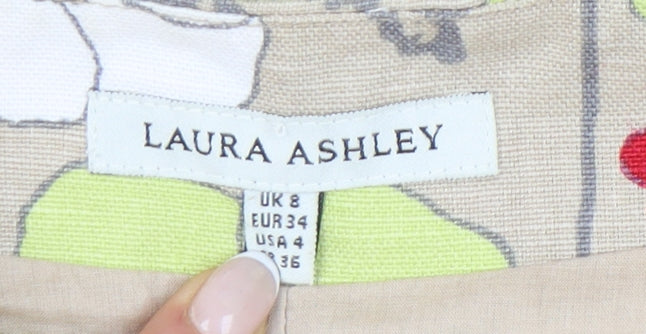 Laura Ashley Women’s Beige Floral A-Line Skirt Size 8 Linen Cotton