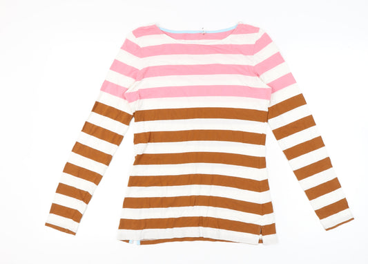 Boden Womens Pink White Brown Striped Long Sleeve Cotton T-Shirt UK 10