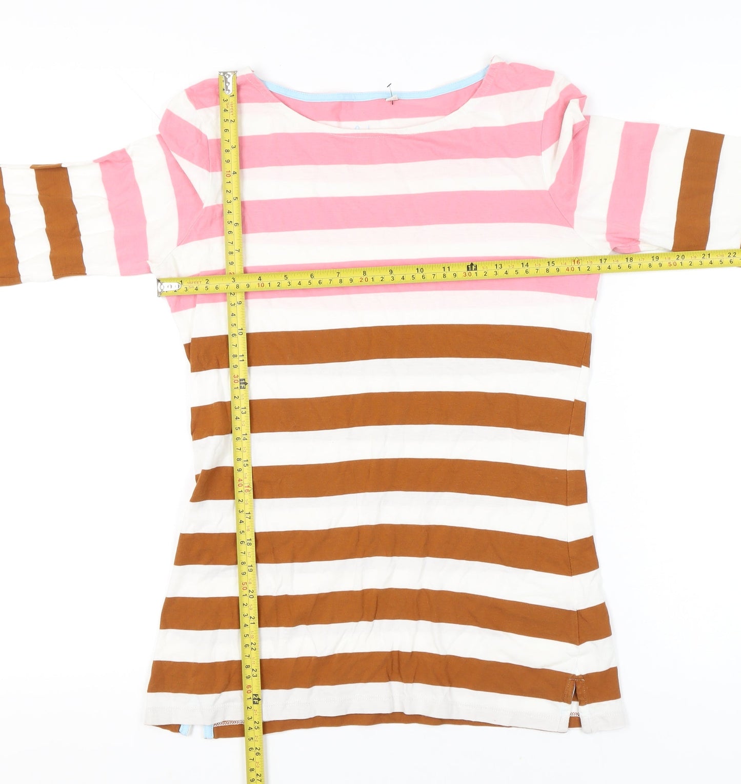 Boden Womens Pink White Brown Striped Long Sleeve Cotton T-Shirt UK 10