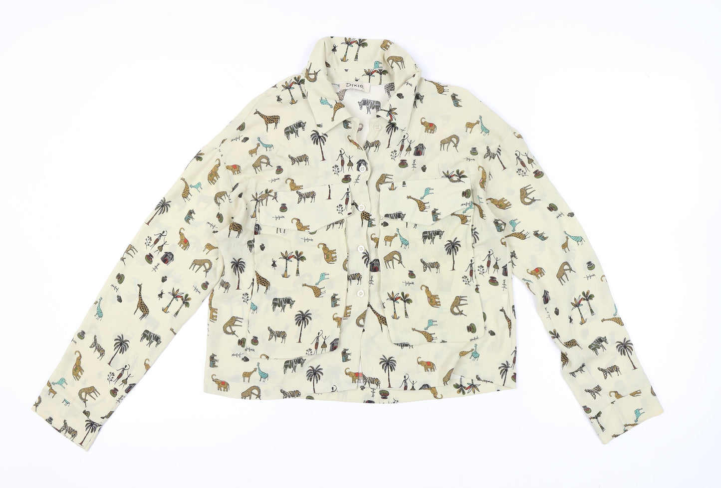 Dixie Womens Beige Animal Print Button-Up Shirt M Long Sleeve