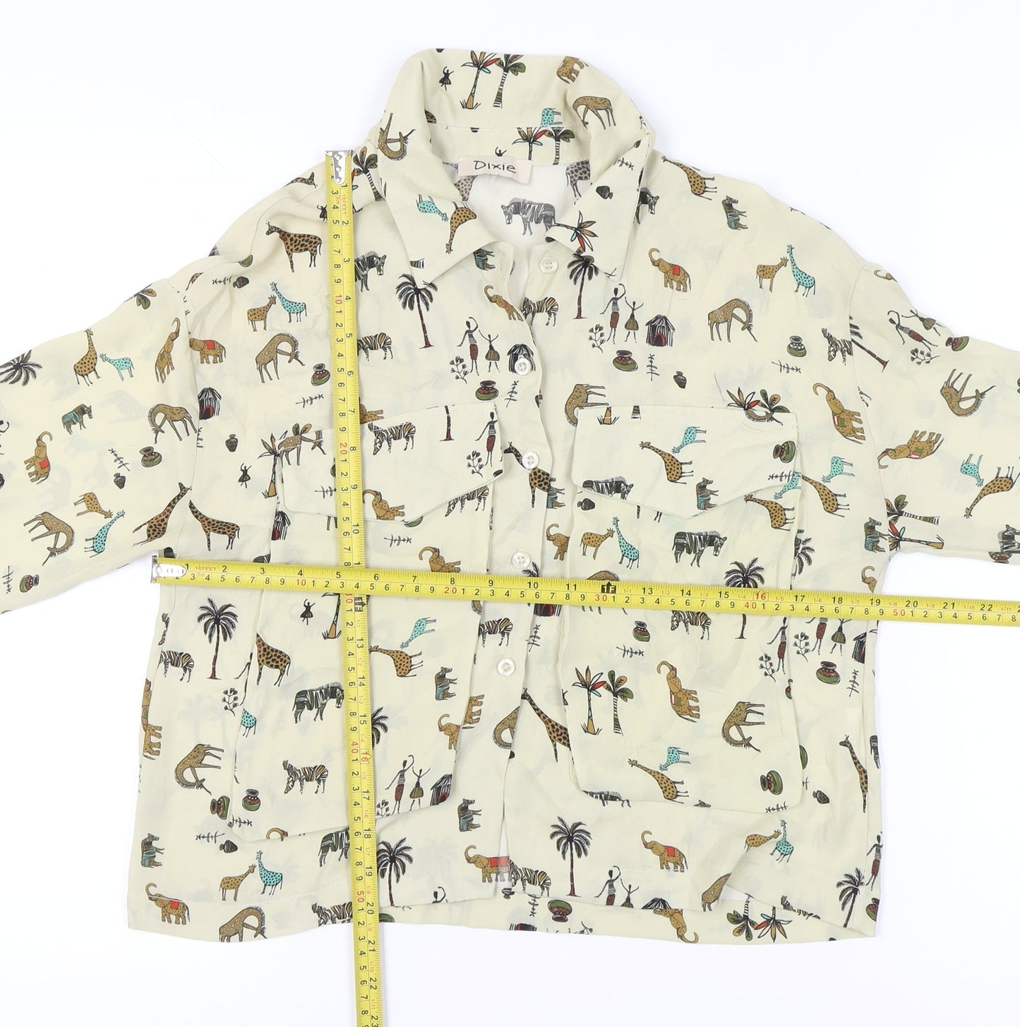 Dixie Womens Beige Animal Print Button-Up Shirt M Long Sleeve