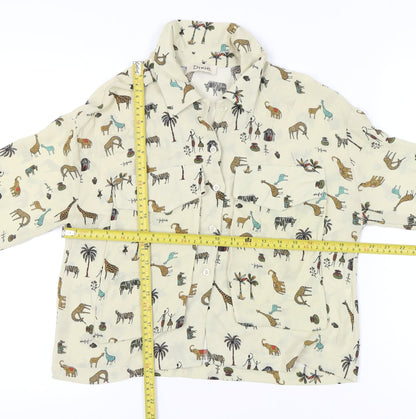 Dixie Womens Beige Animal Print Button-Up Shirt M Long Sleeve