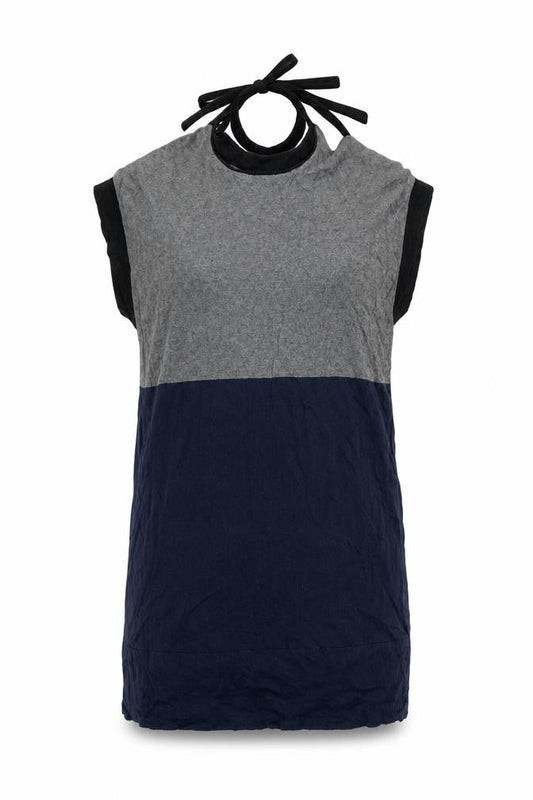 Front view of BCBGMAXAZRIA women’s grey blue halter tie shift dress, size L, silk cashmere