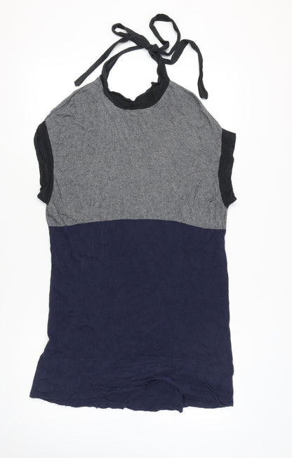 BCBGMAXAZRIA Womens Grey Blue Halter Tie Shift Dress Size L Silk Cashmere