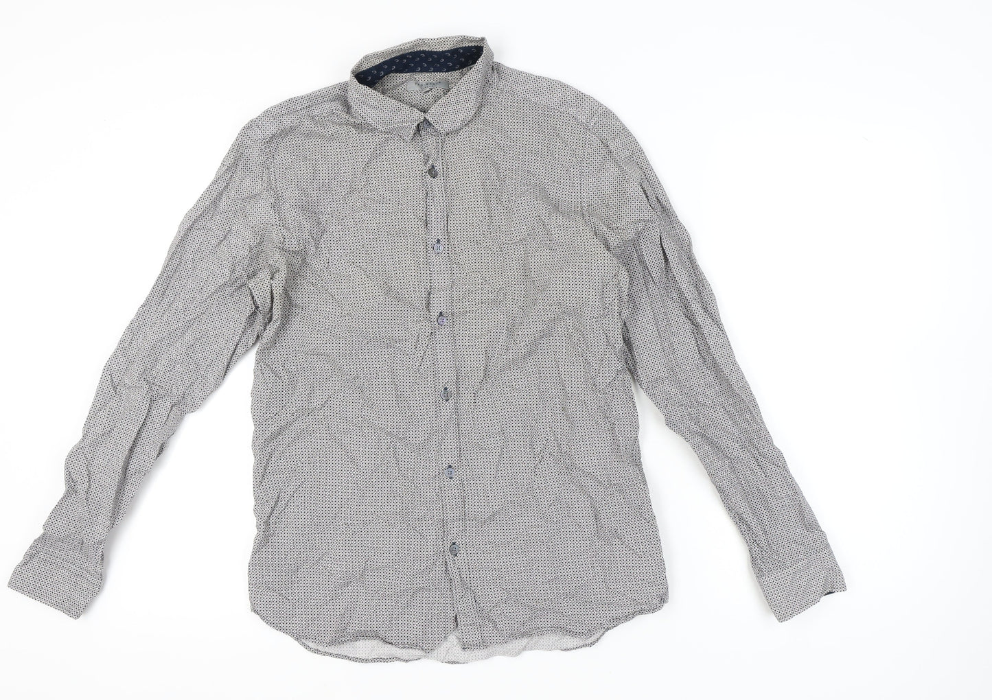 Ted Baker Mens Grey Geometric Cotton Button-Up Shirt Size L Regular Fit