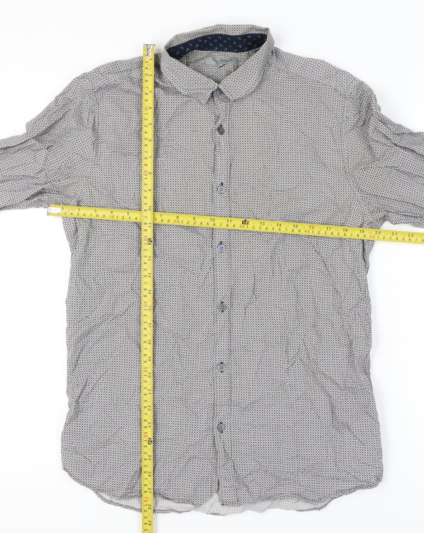 Ted Baker Mens Grey Geometric Cotton Button-Up Shirt Size L Regular Fit