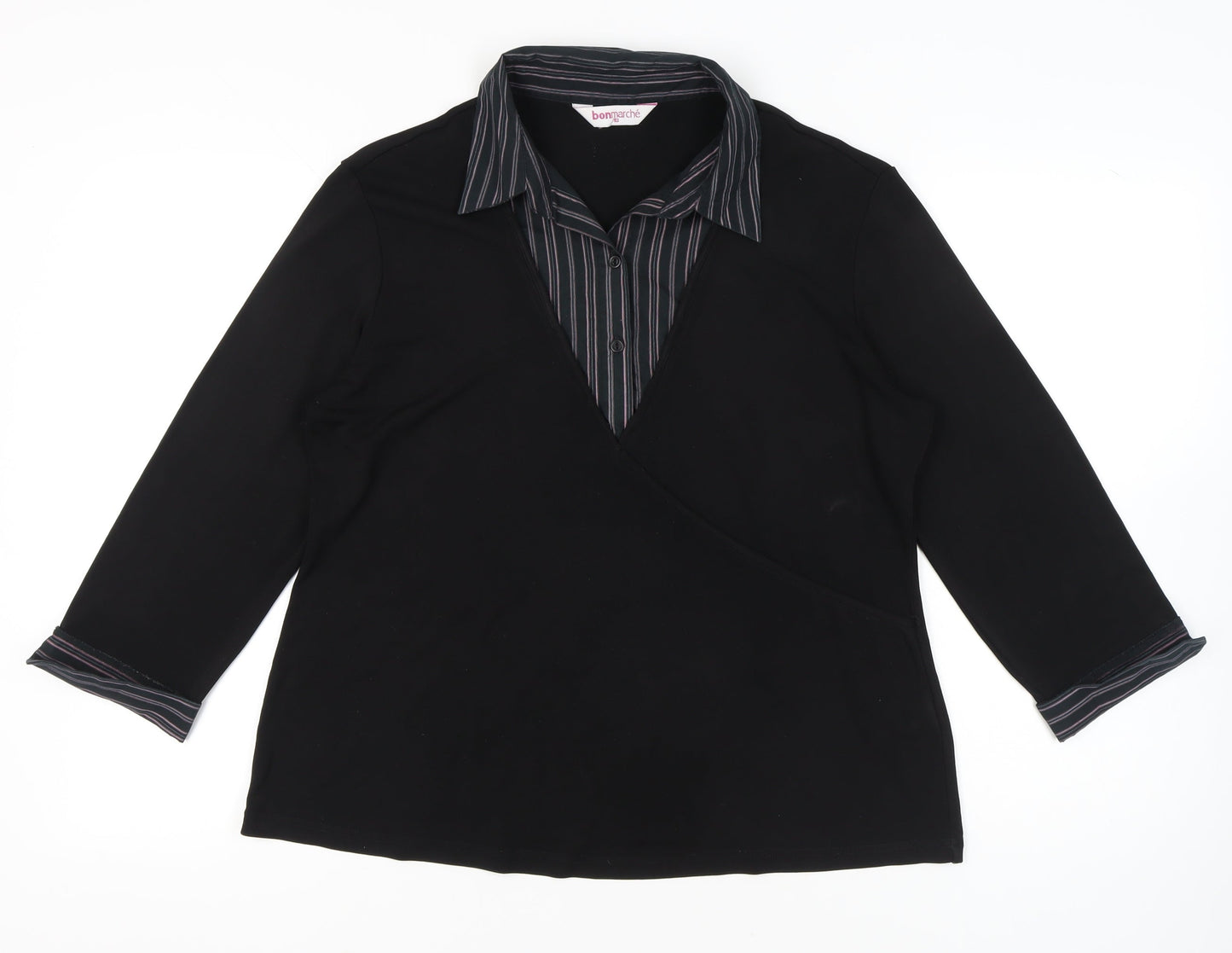 Bonmarché Womens Black Size 18 Wrap Blouse 3/4 Sleeve Collared Top