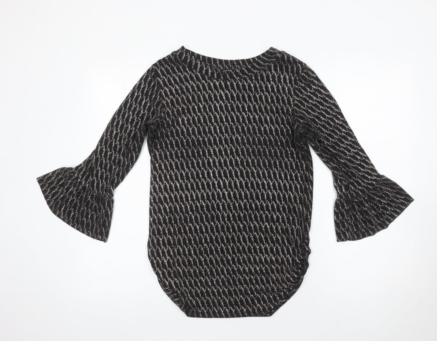 Quiz Women’s Black Metallic Bell Sleeve Tunic Blouse Size 10