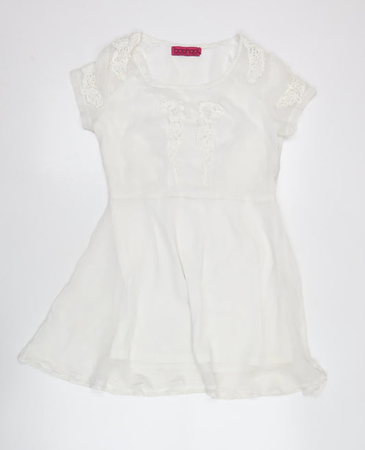 Boohoo Womens White Shift Dress Size 12 Asymmetric Lace Detail