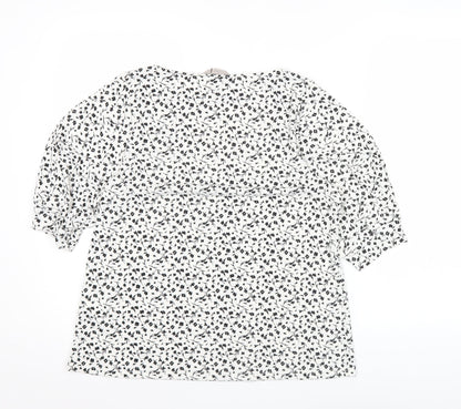 H&M Women’s White Floral Blouse Size S 3/4 Sleeve Tunic Top