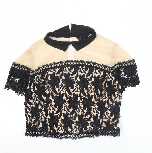 New Look Womens Black Beige Lace Cropped Blouse UK 14 Party Top