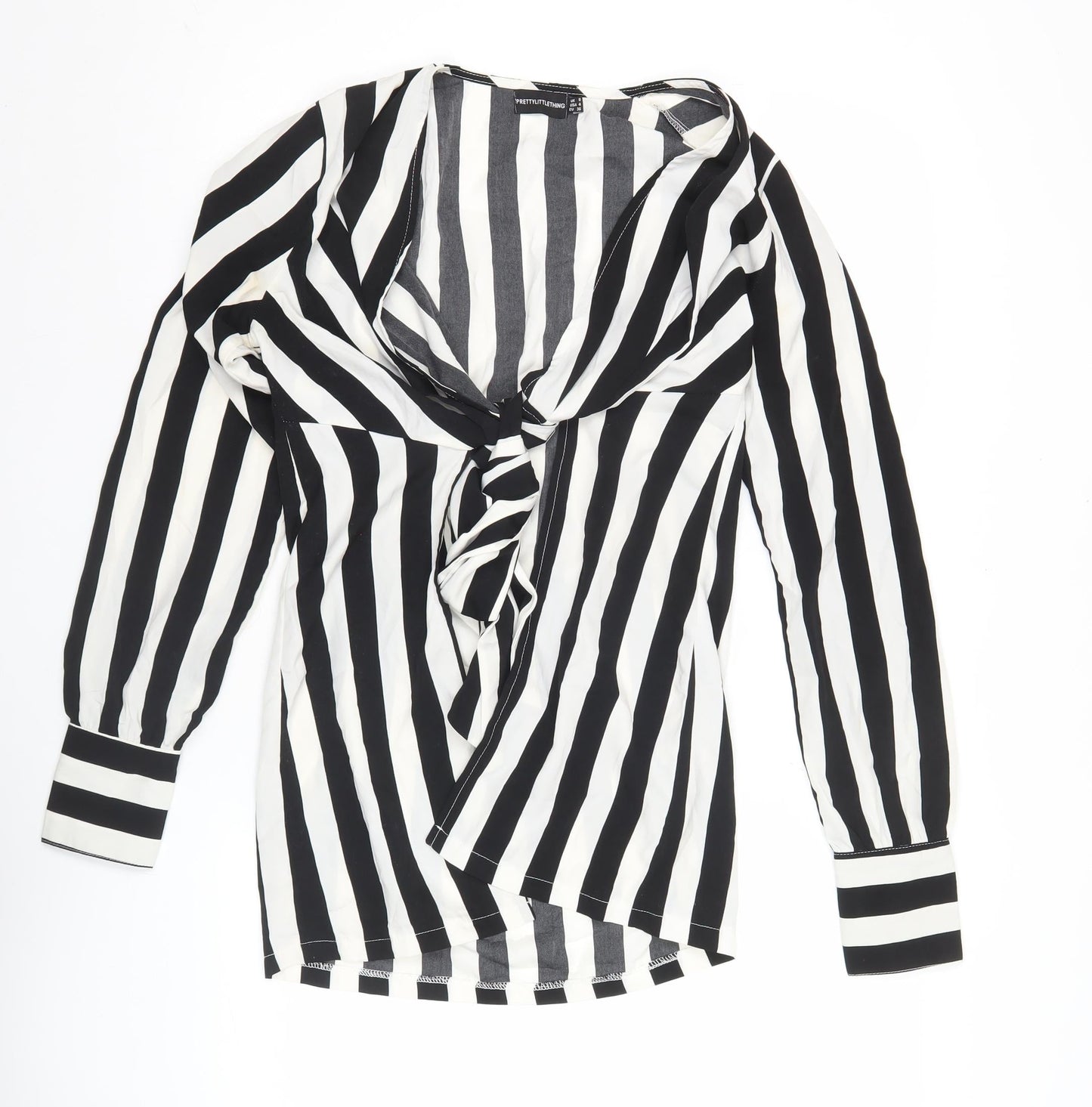PrettyLittleThing Womens Black White Striped Tie Blouse Size 8