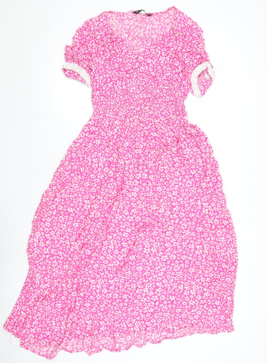 Dunnes Women’s Pink Floral A-Line Midi Dress XS Short Sleeve