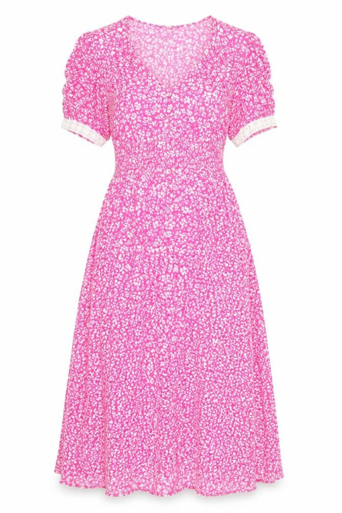 Front view of Dunnes Women’s Pink Floral A-Line Midi Dress XS Short Sleeve