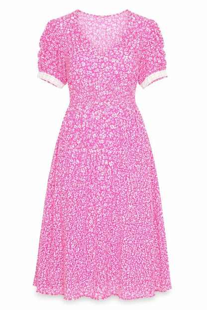 Front view of Dunnes Women’s Pink Floral A-Line Midi Dress XS Short Sleeve
