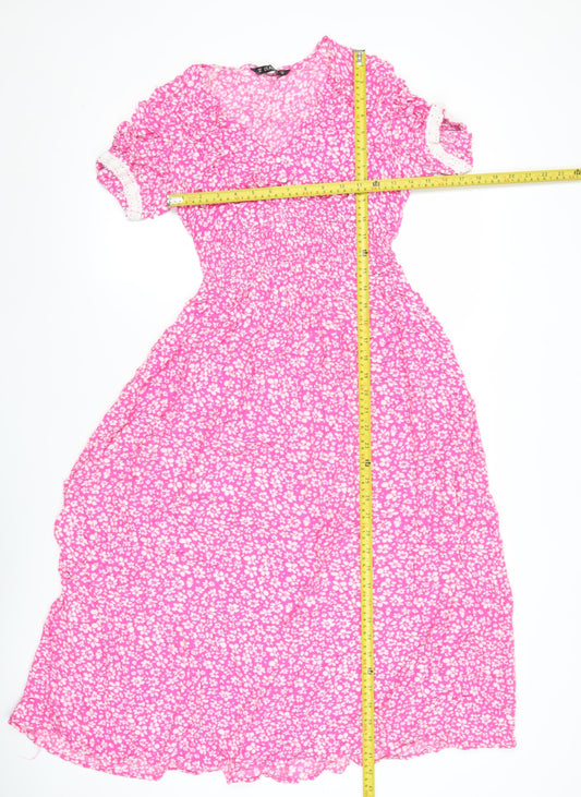 Dunnes Women’s Pink Floral A-Line Midi Dress XS Short Sleeve