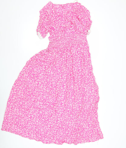 Dunnes Women’s Pink Floral A-Line Midi Dress XS Short Sleeve