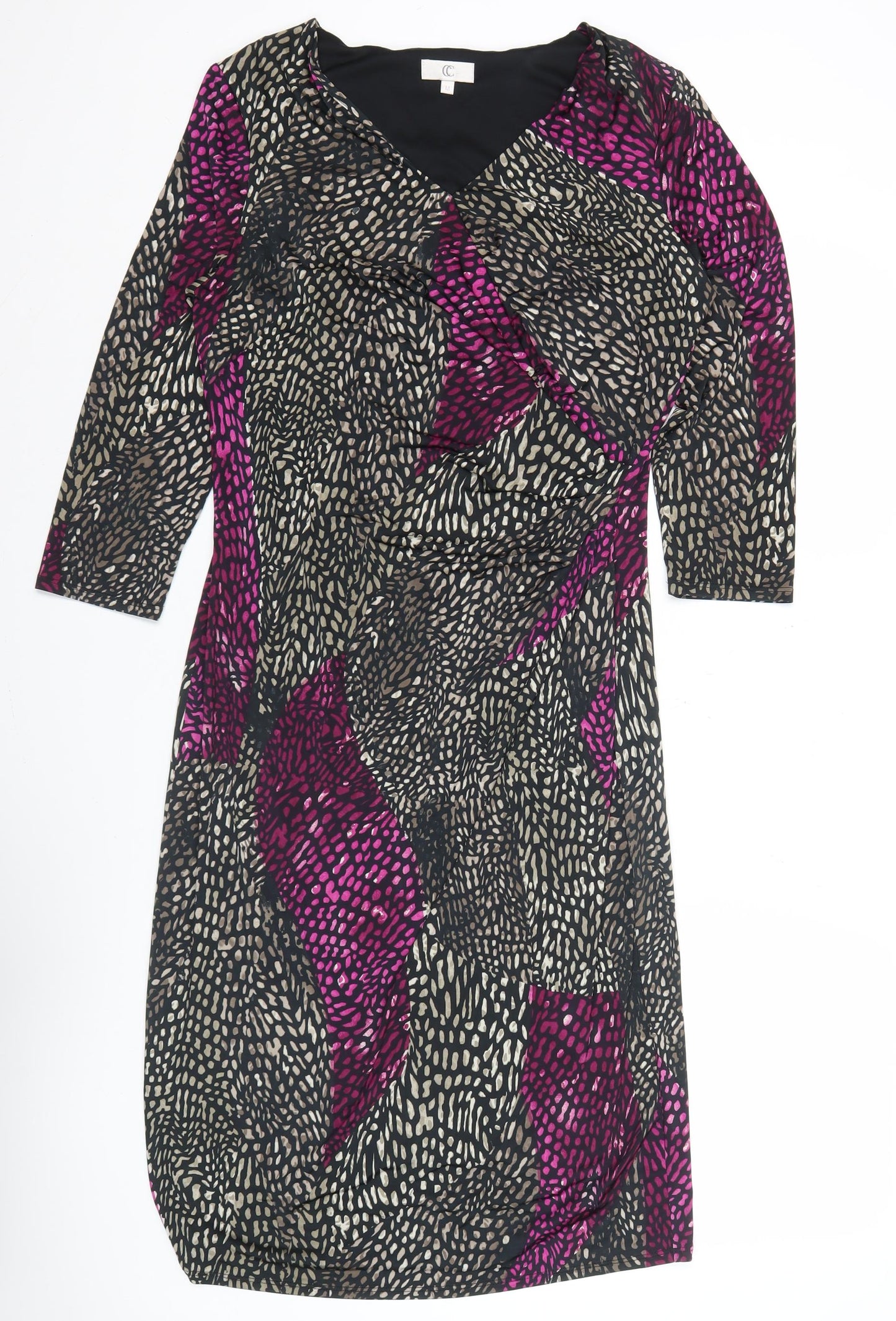 CC Women’s Black Purple Animal Print Sheath Dress M Long Sleeve V-Neck