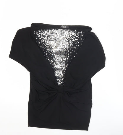 Me Womens Black Sequin Party Blouse Size S Slim Fit V-Neck