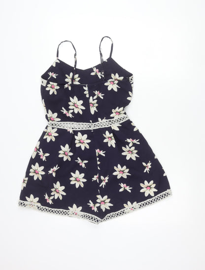 Parisian Womens Blue Floral Lace Trim Playsuit Size 10