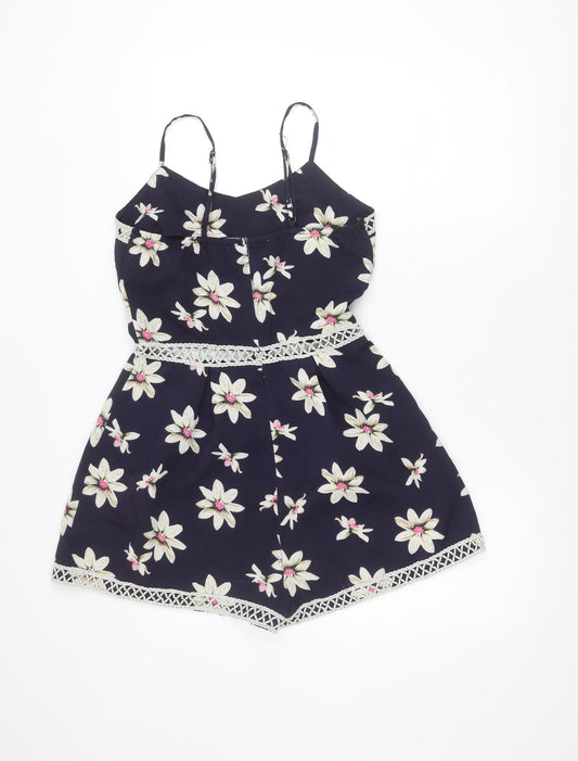 Parisian Womens Blue Floral Lace Trim Playsuit Size 10