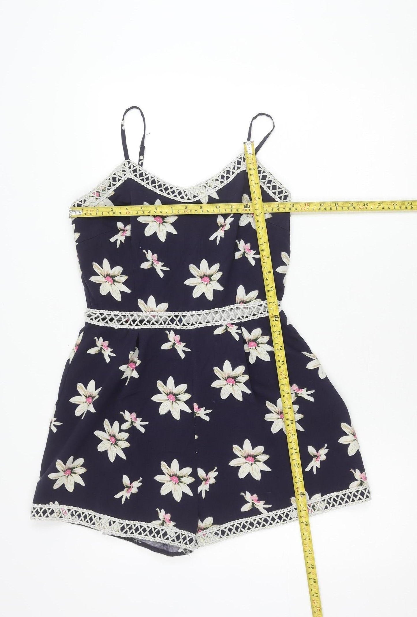 Parisian Womens Blue Floral Lace Trim Playsuit Size 10