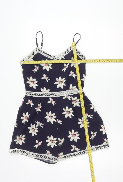 Parisian Womens Blue Floral Lace Trim Playsuit Size 10