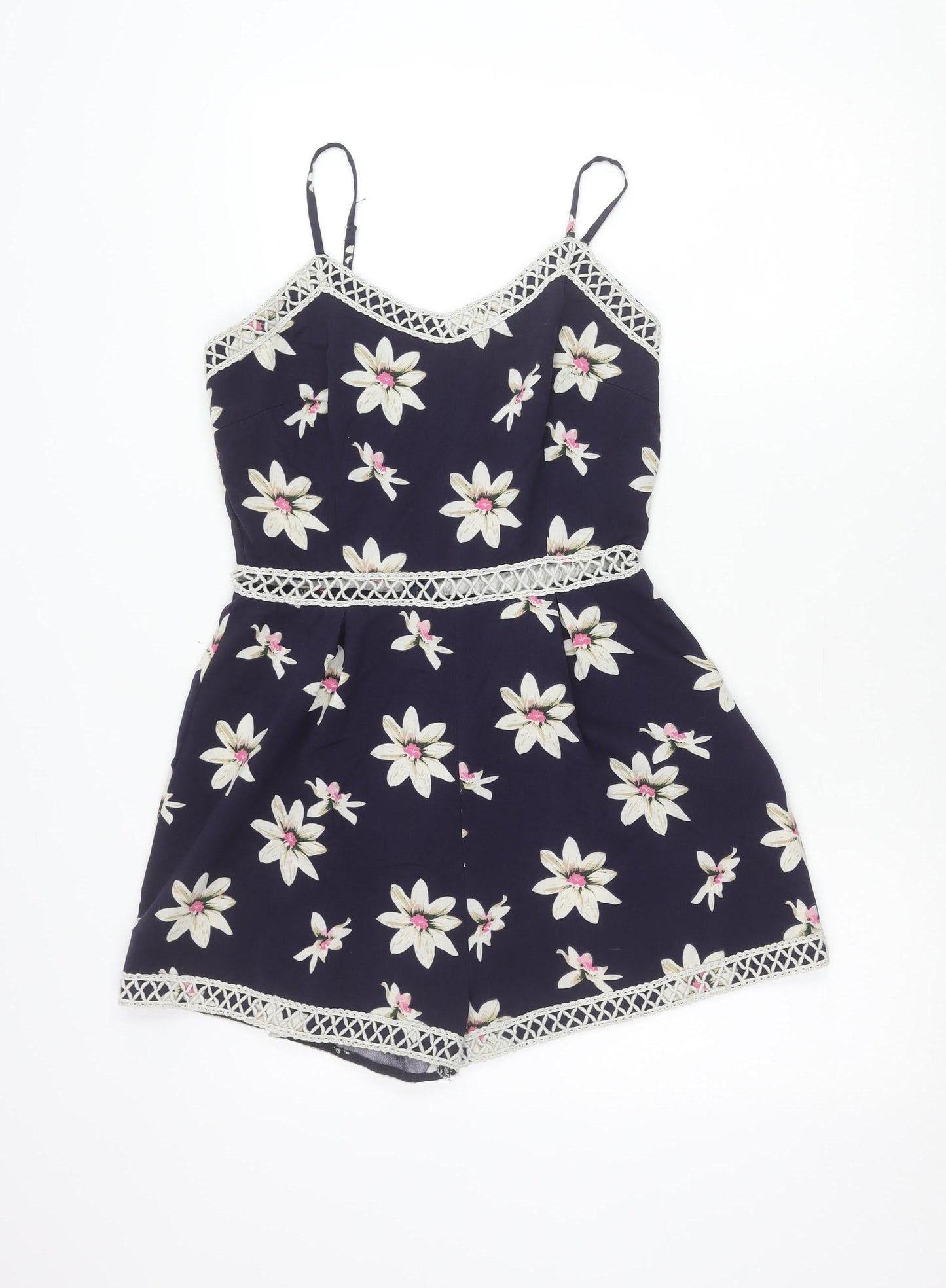 Parisian Womens Blue Floral Lace Trim Playsuit Size 10