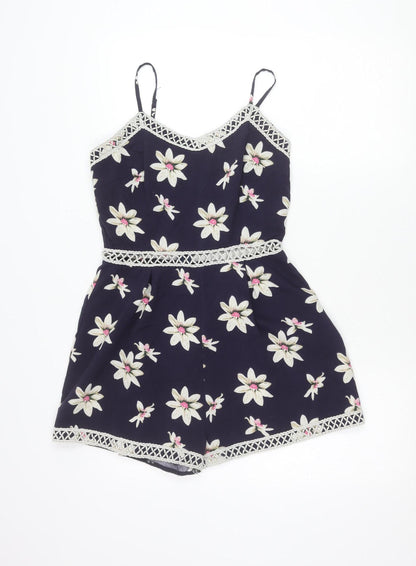 Parisian Womens Blue Floral Lace Trim Playsuit Size 10