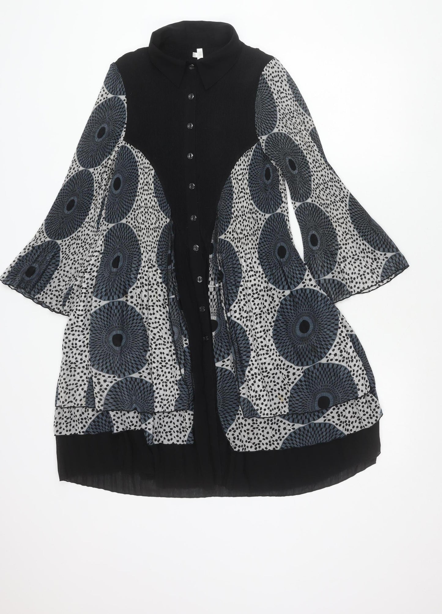 LINDI Women’s Black Blue Geometric A-Line Dress M Long Sleeve