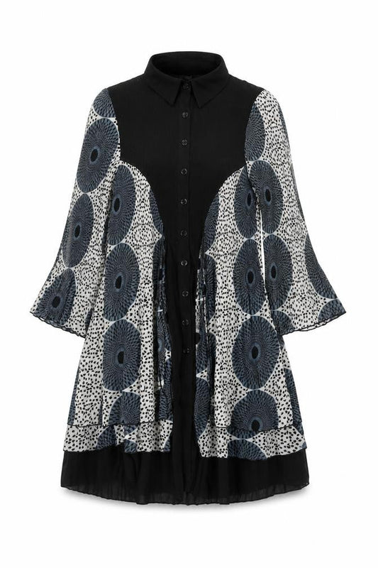 LINDI Women’s Black Blue Geometric A-Line Dress M Long Sleeve