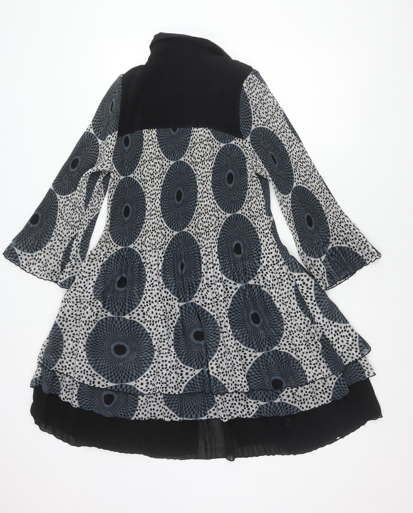 LINDI Women’s Black Blue Geometric A-Line Dress M Long Sleeve