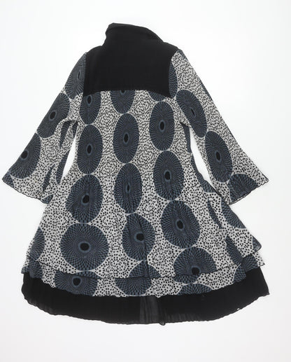 LINDI Women’s Black Blue Geometric A-Line Dress M Long Sleeve
