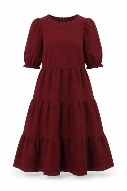 New Look Women Red Skater Dress Size 6 Puff Sleeve Round Neck