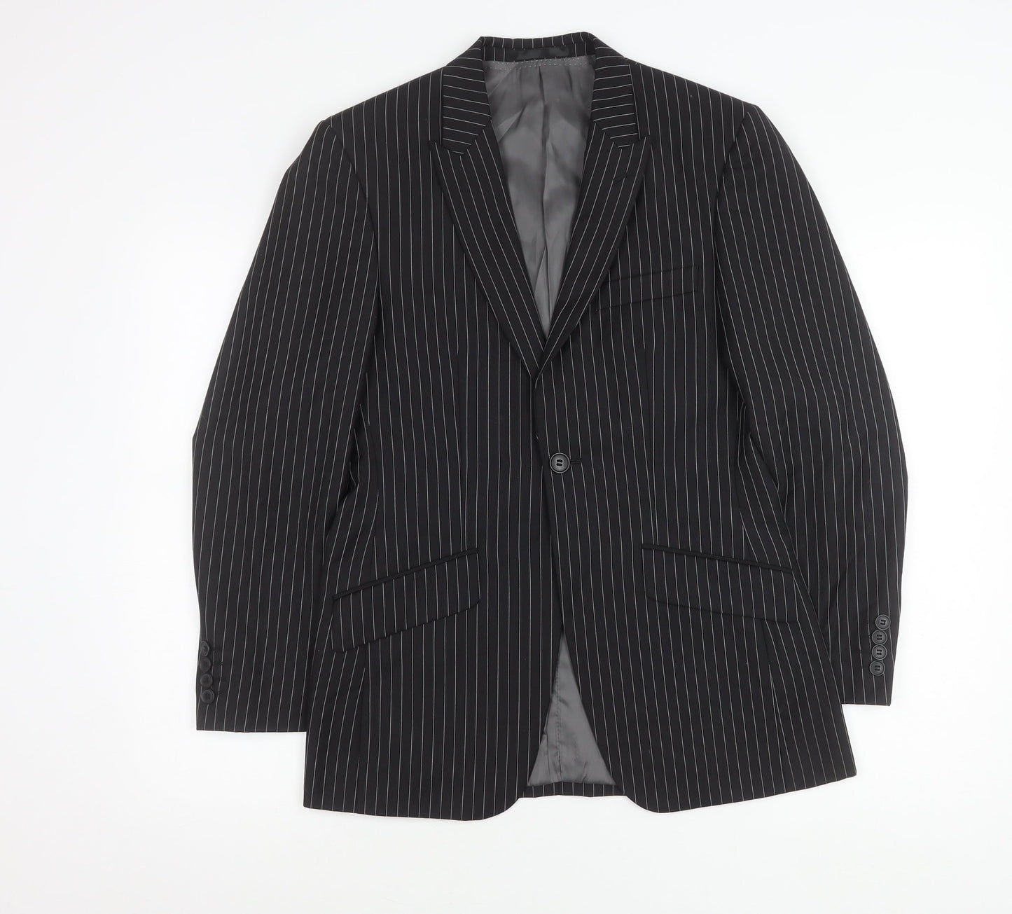Men’s Black Pinstripe Slim Fit Suit Jacket 34 Chest Wool Blend