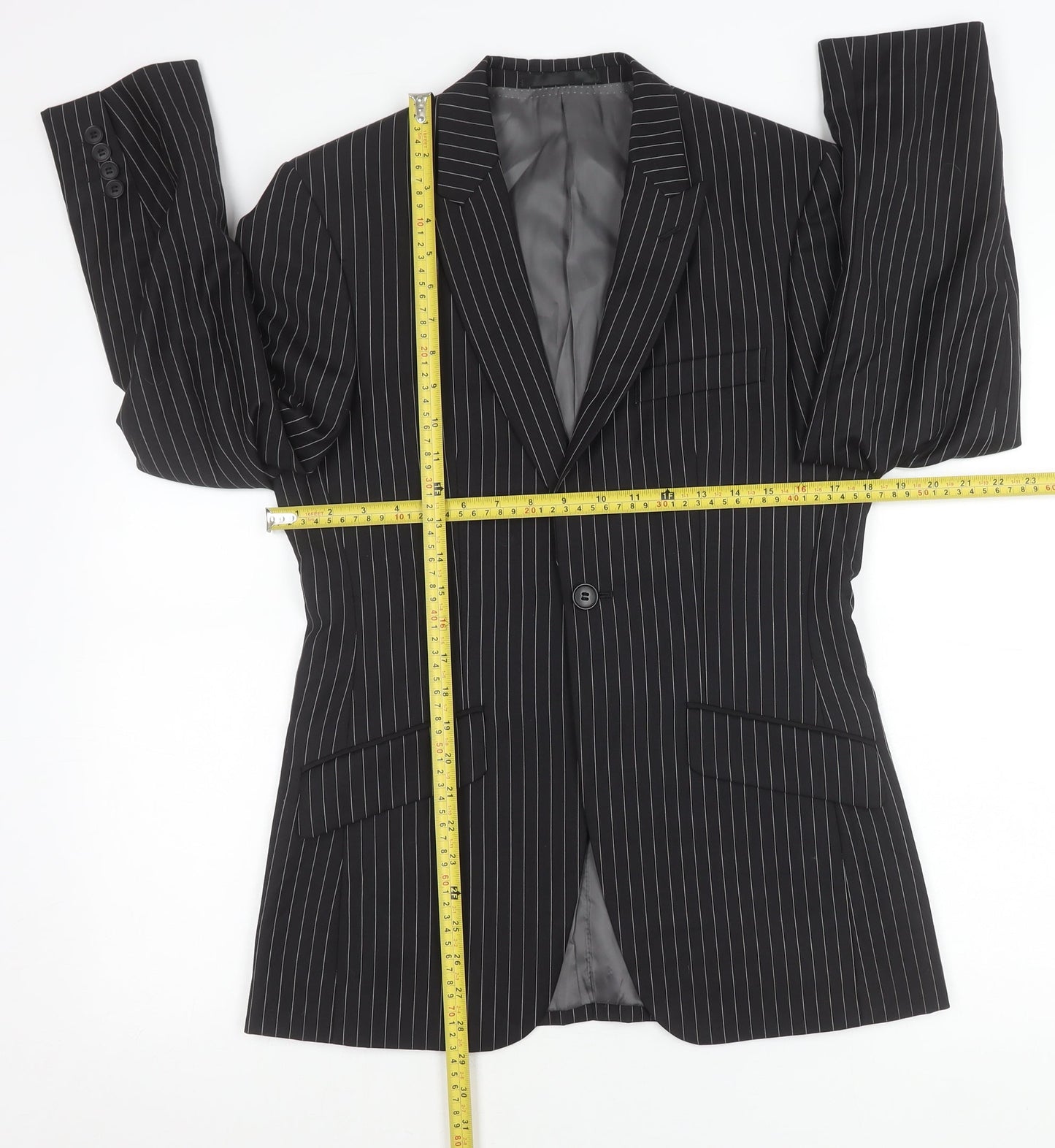 Men’s Black Pinstripe Slim Fit Suit Jacket 34 Chest Wool Blend