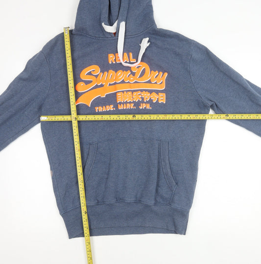 Superdry Men’s Blue Pullover Hoodie Size M Graphic Logo Cotton Blend
