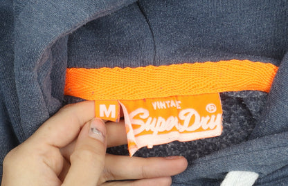 Superdry Men’s Blue Pullover Hoodie Size M Graphic Logo Cotton Blend