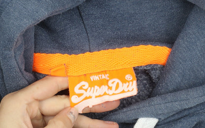 Superdry Men’s Blue Pullover Hoodie Size M Graphic Logo Cotton Blend