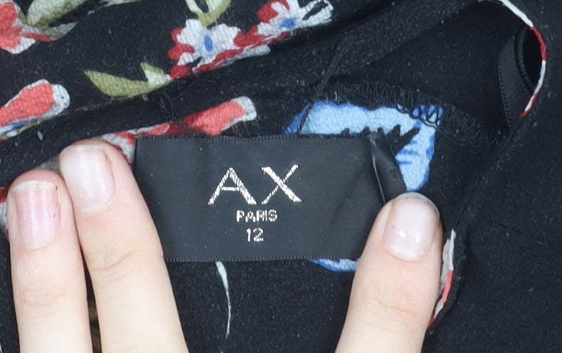 AX Paris Womens Black Floral Blouse Size 12 Long Sleeve Tunic