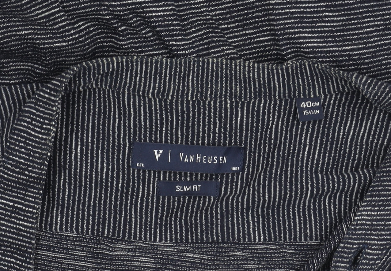 Van Heusen Men’s Blue Slim Fit Long Sleeve Striped Button-Up Shirt Size 15.5