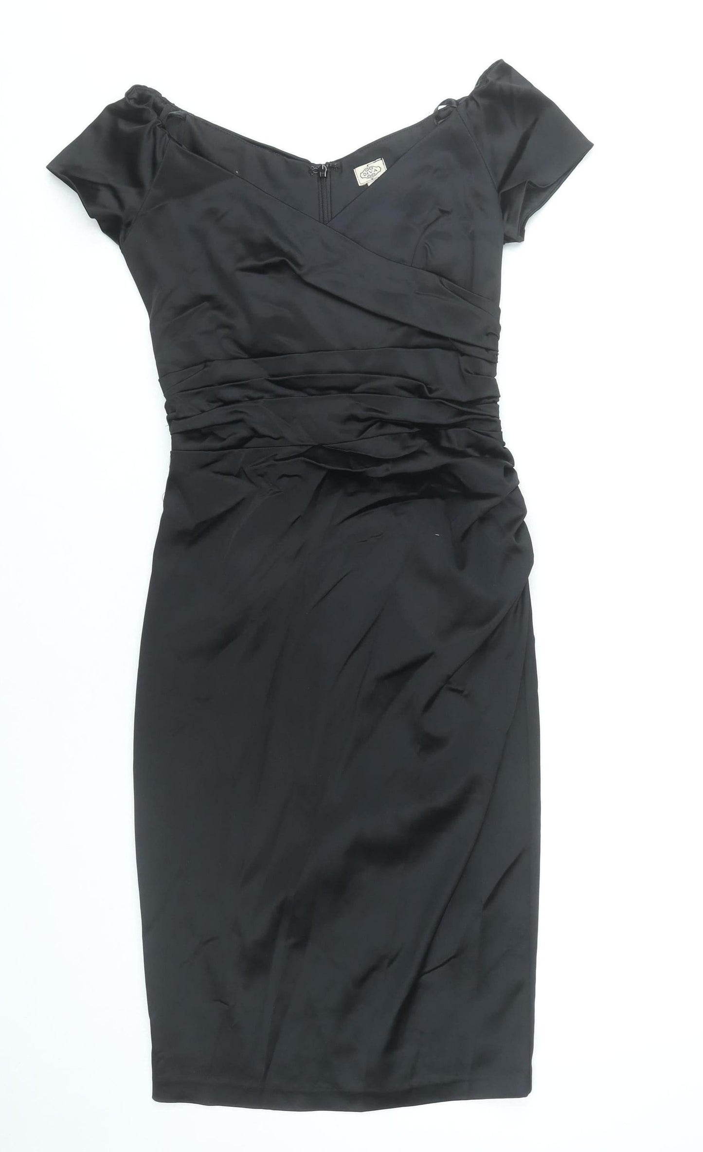 QDA Women’s Black Sheath Knee Length Off Shoulder Ruched Dress S