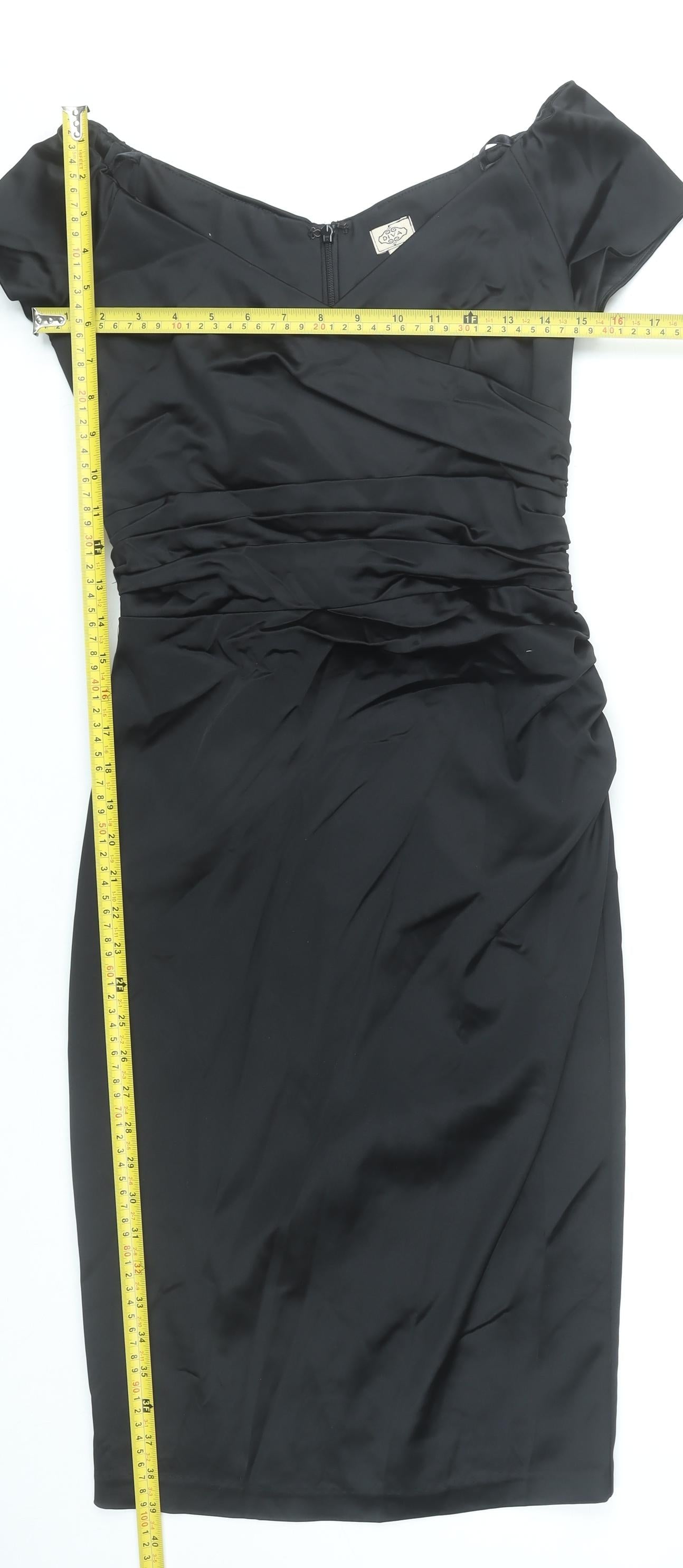 QDA Women’s Black Sheath Knee Length Off Shoulder Ruched Dress S