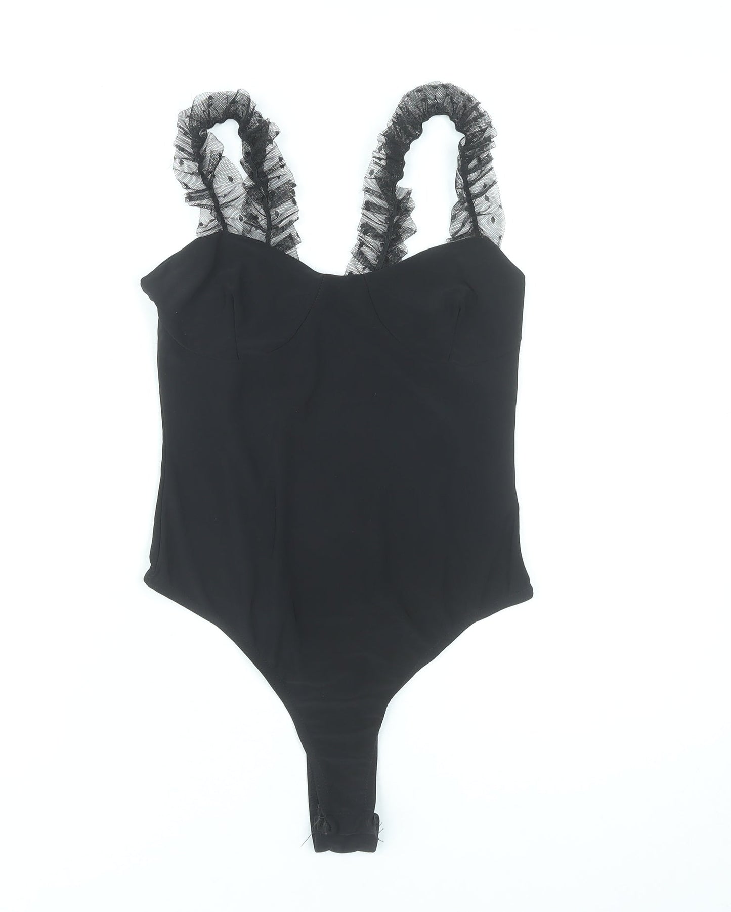 PrettyLittleThing Women Black Size 8 Ruffle Strap Bodysuit
