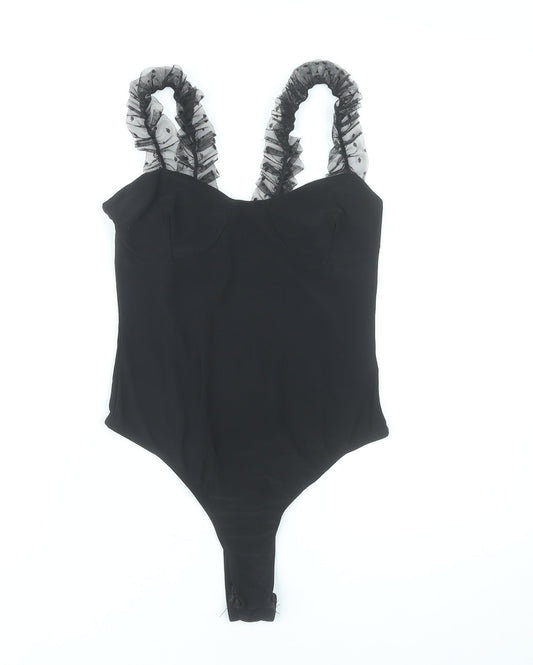 PrettyLittleThing Women Black Size 8 Ruffle Strap Bodysuit