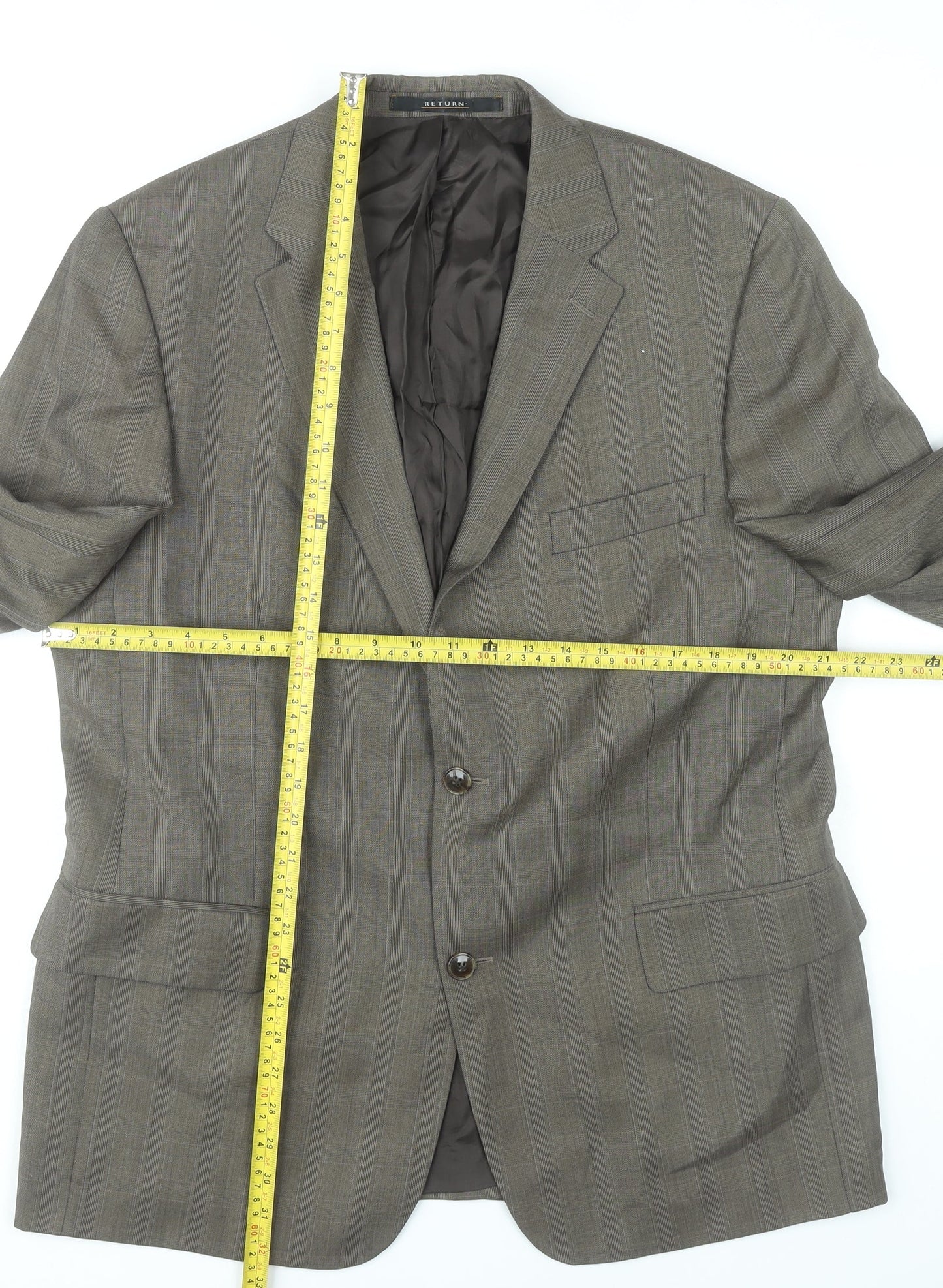 Return Men's Brown Check Blazer Size 38 Regular Fit Notch Lapel