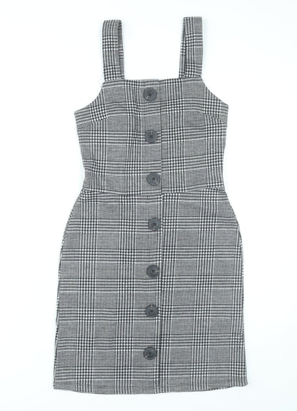 River Island Women Grey Check Pinafore Dress UK 6 Buttoned Workwear