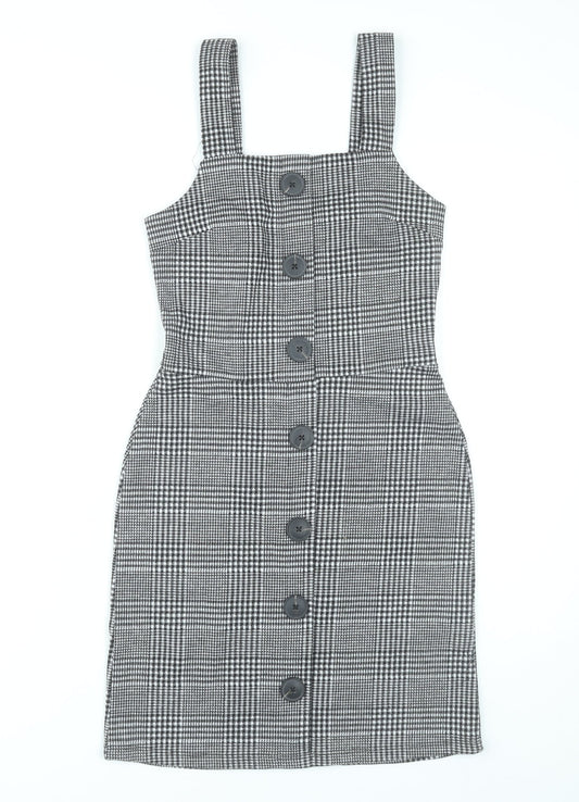 River Island Women Grey Check Pinafore Dress UK 6 Buttoned Workwear