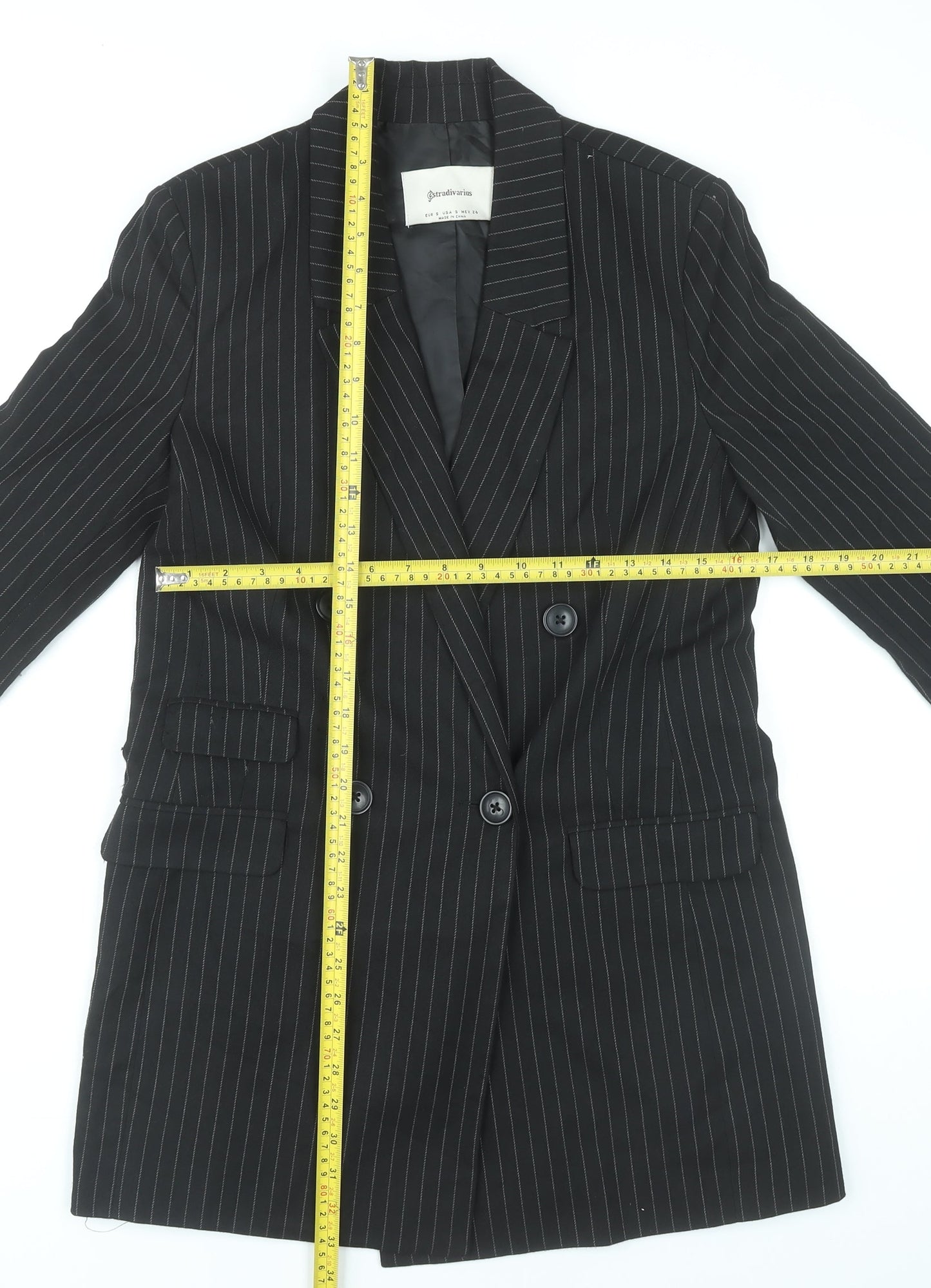 Stradivarius Women’s Black Pinstripe Double-Breasted Blazer Jacket S